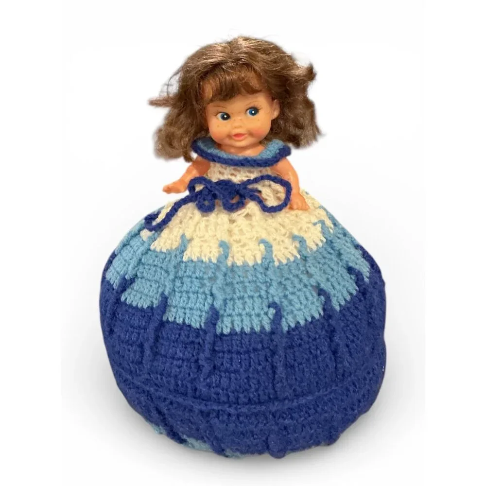 Vintage‎ Crochet Skirt Doll Blue & White Handmade 10